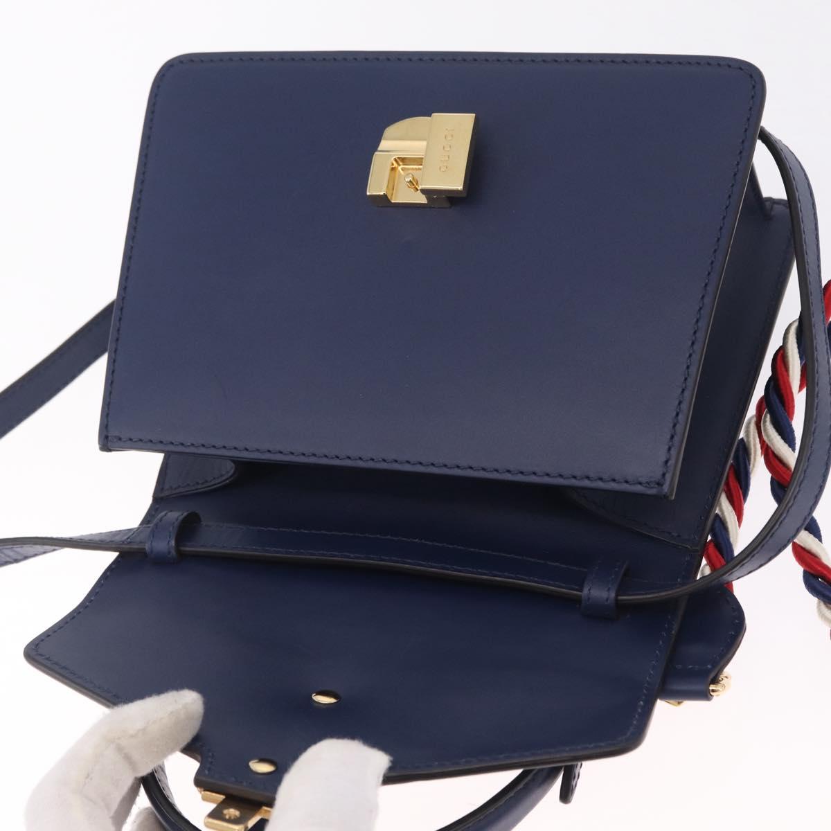 GUCCI Web Sherry Line Silvi Hand Bag Leather 2way Navy Gold 470270 Auth ep16604V