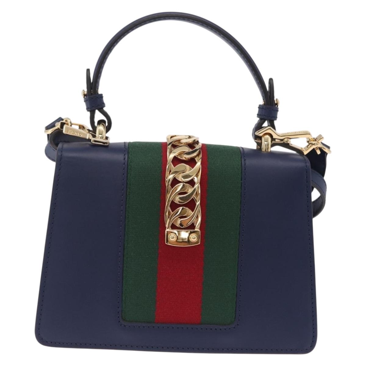 GUCCI Web Sherry Line Silvi Hand Bag Leather 2way Navy Gold 470270 Auth ep16604V