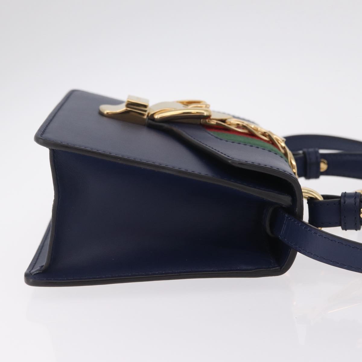 GUCCI Web Sherry Line Silvi Hand Bag Leather 2way Navy Gold 470270 Auth ep16604V