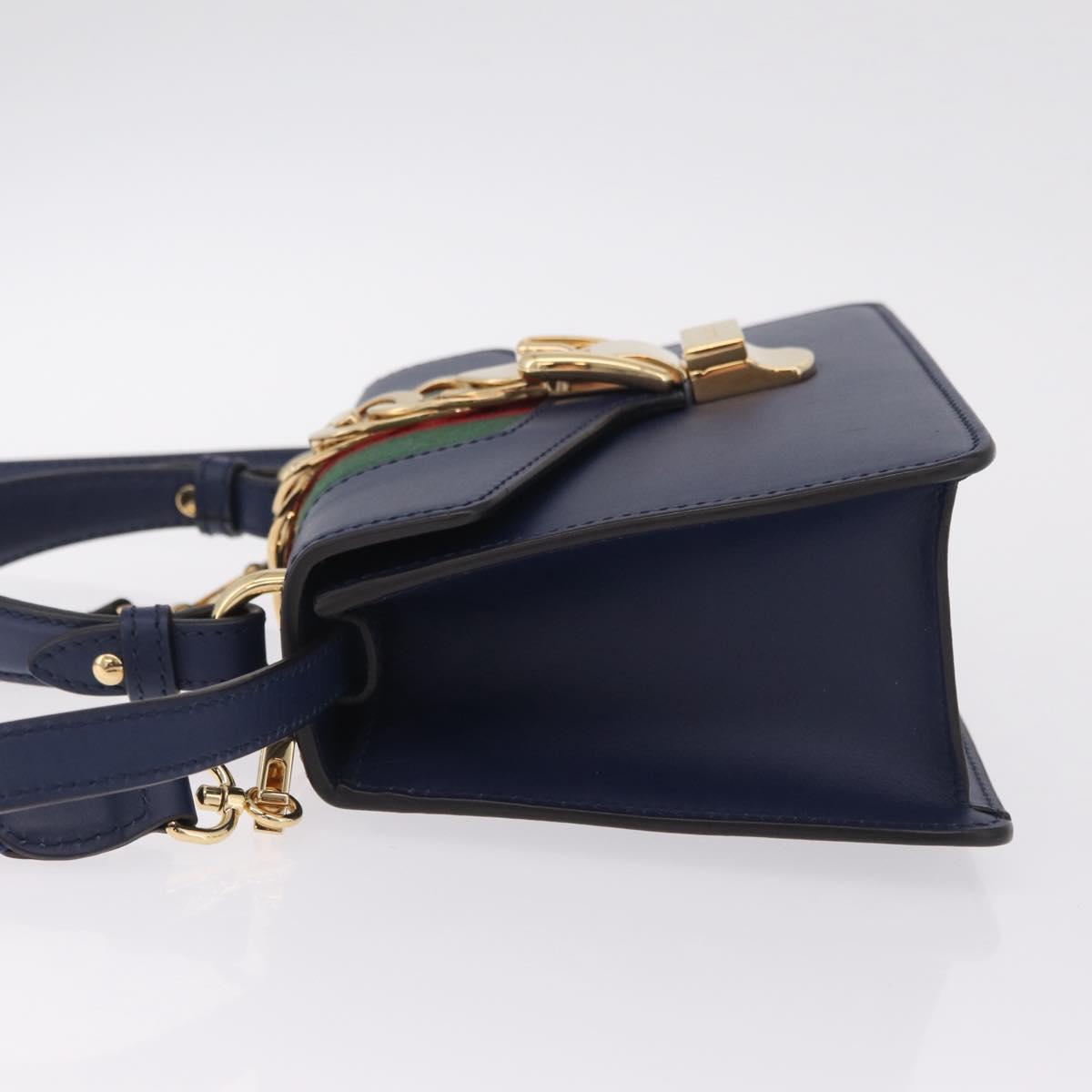GUCCI Web Sherry Line Silvi Hand Bag Leather 2way Navy Gold 470270 Auth ep16604V