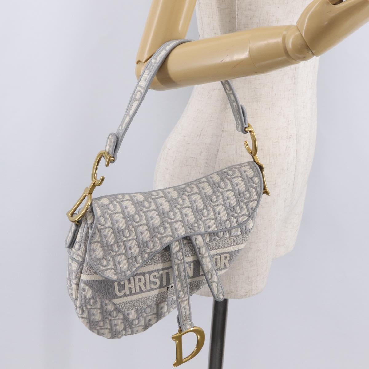 Christian Dior Oblique Saddle Shoulder Bag Canvas Gray Gold Tone Auth ep16633SAM