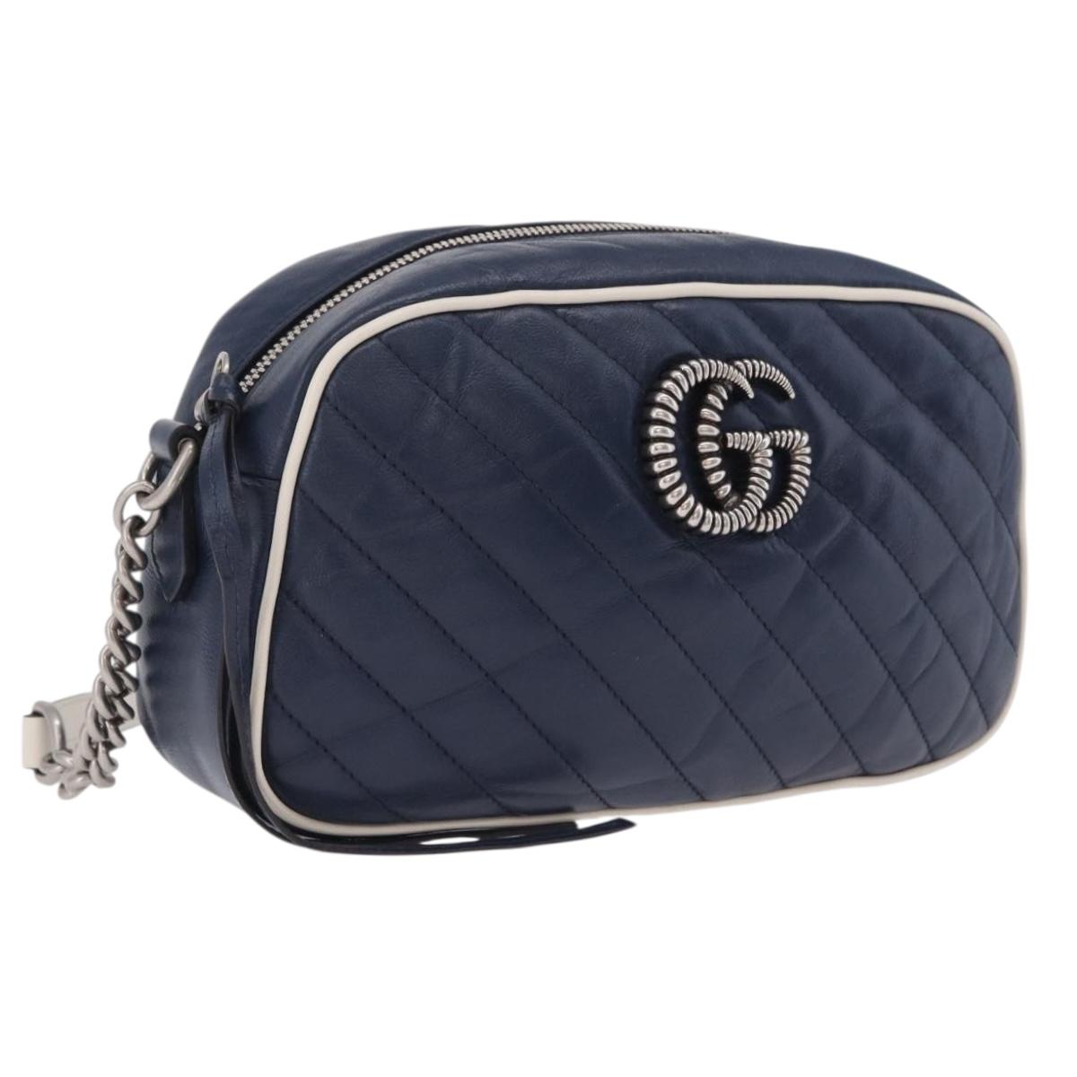 GUCCI GG Marmont Chain Shoulder Bag Leather Navy Silver 447632 Auth ep16640V
