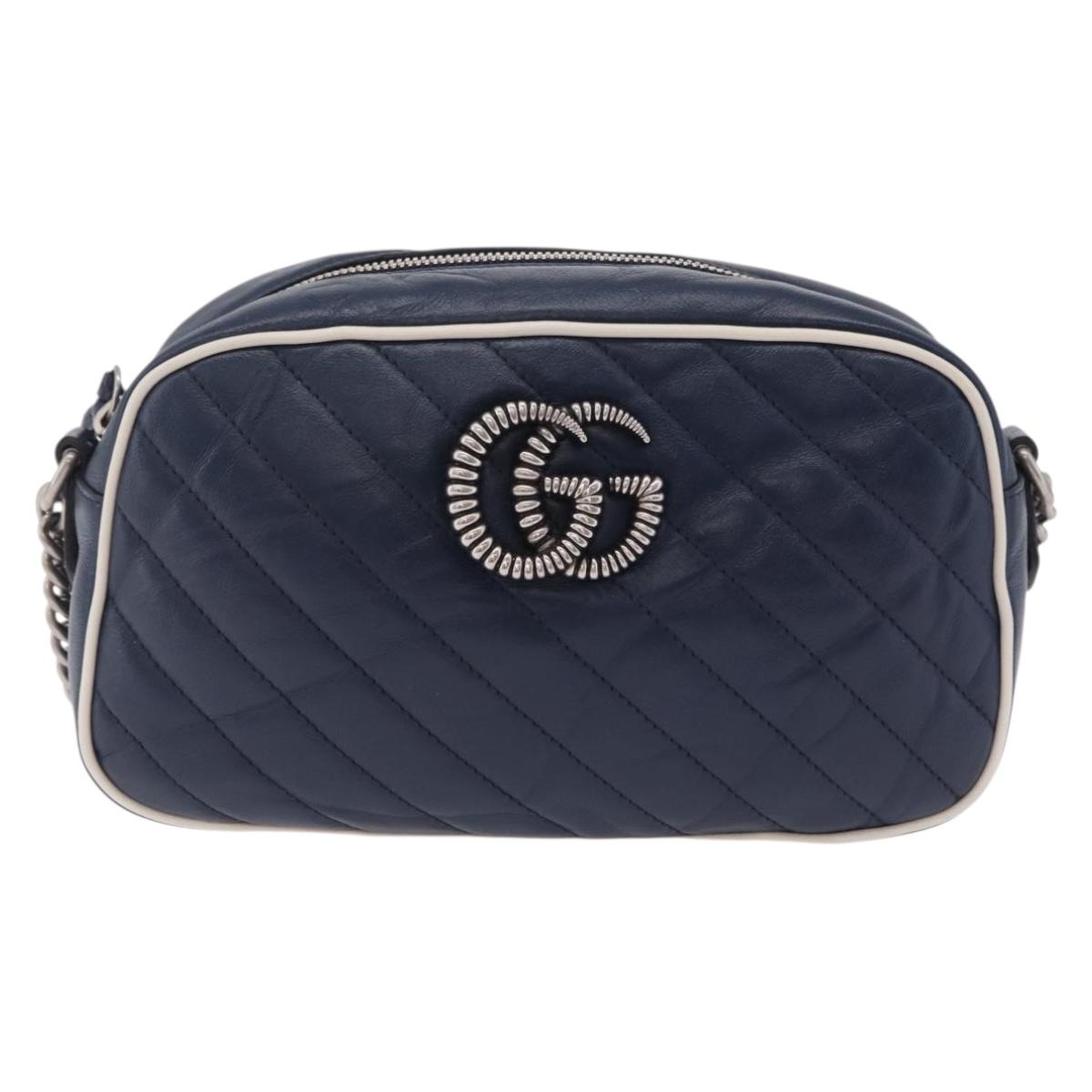 GUCCI GG Marmont Chain Shoulder Bag Leather Navy Silver 447632 Auth ep16640V