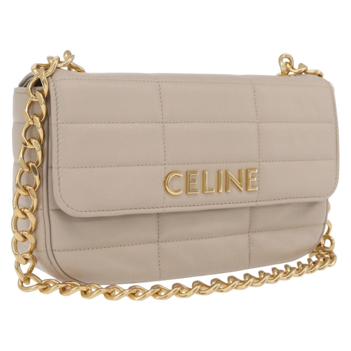 CELINE Chain Shoulder Bag Leather Beige Gold Tone Auth ep16645M