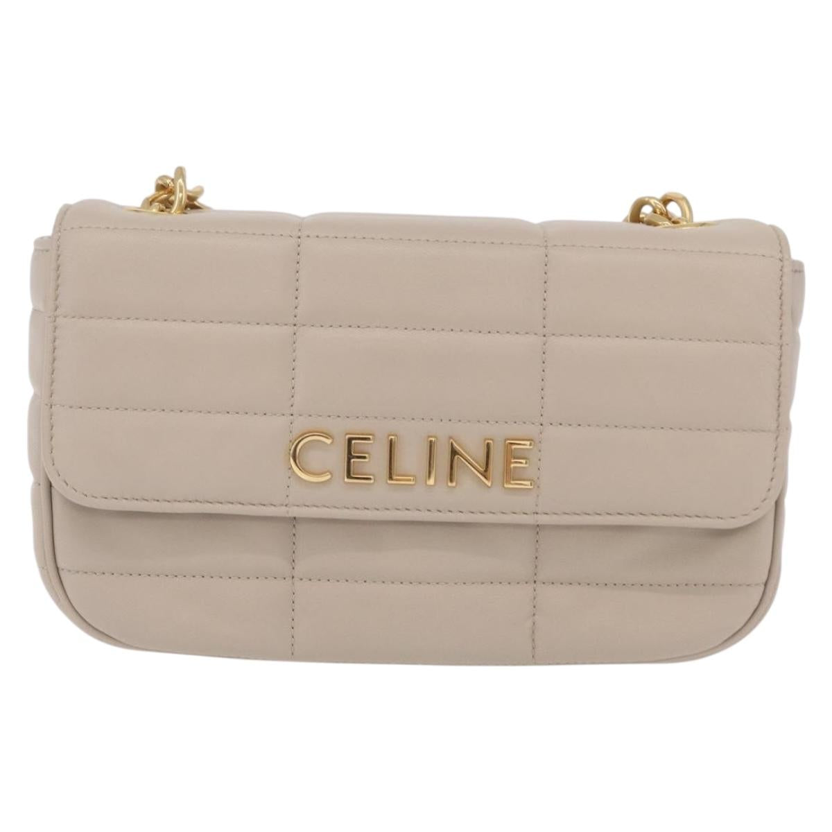CELINE Chain Shoulder Bag Leather Beige Gold Tone Auth ep16645M