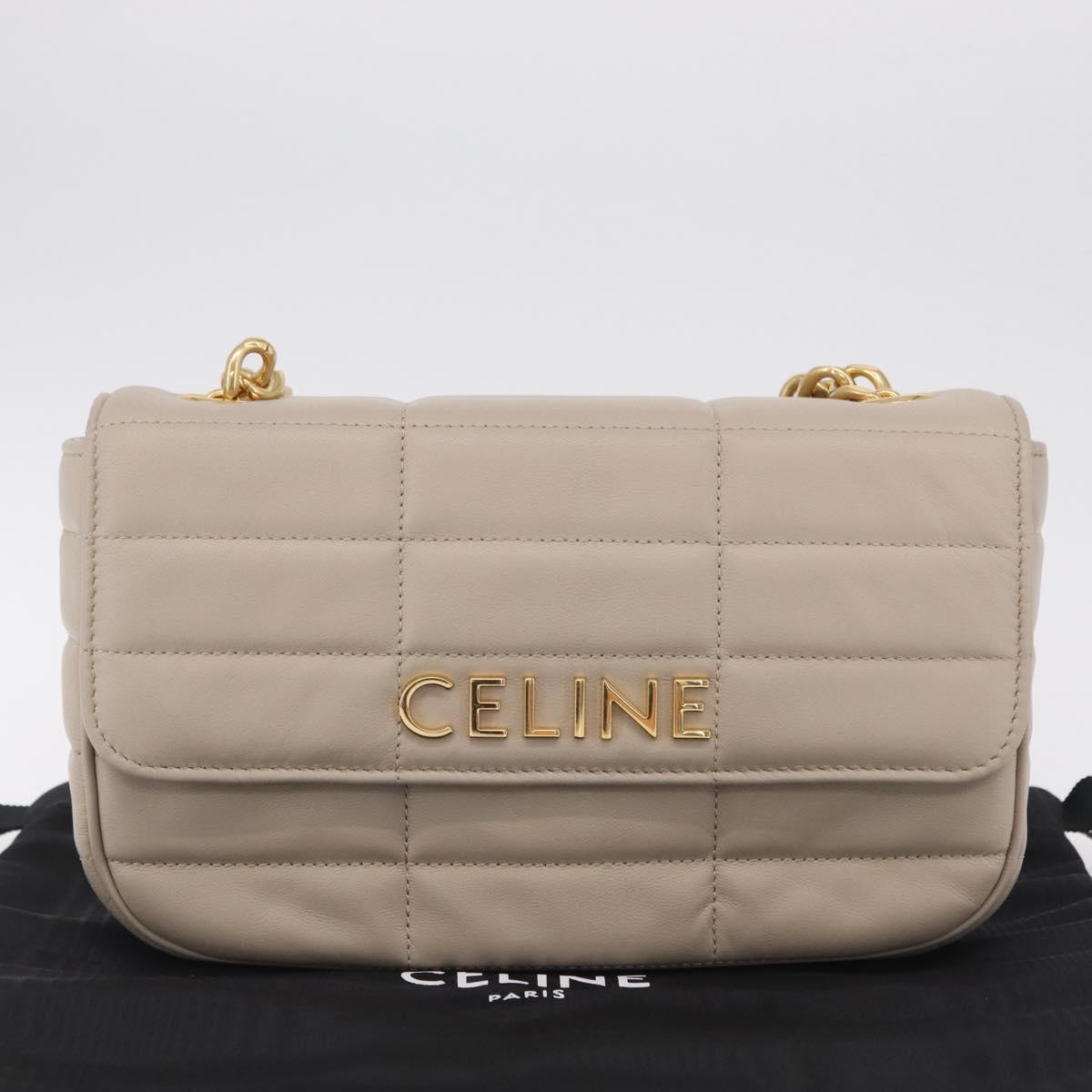 CELINE Chain Shoulder Bag Leather Beige Gold Tone Auth ep16645M