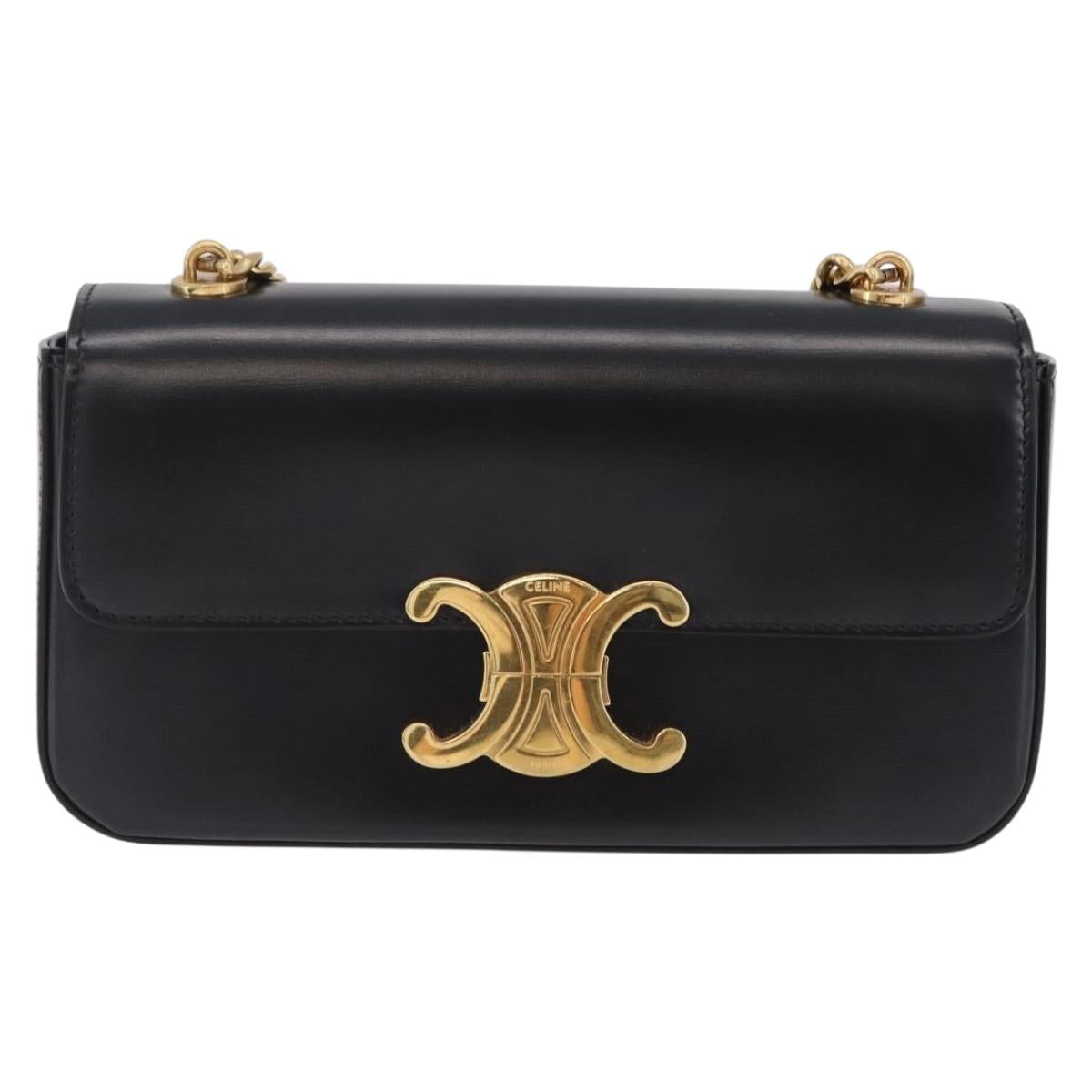 CELINE Triomphe Chain Shoulder Bag Leather Black Gold Tone Auth ep16652M