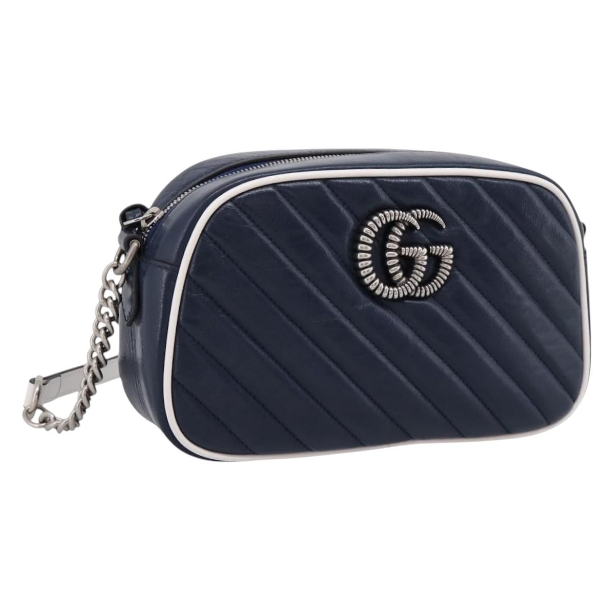 GUCCI GG Marmont Chain Shoulder Bag Leather Navy Silver 447632 Auth ep16656V