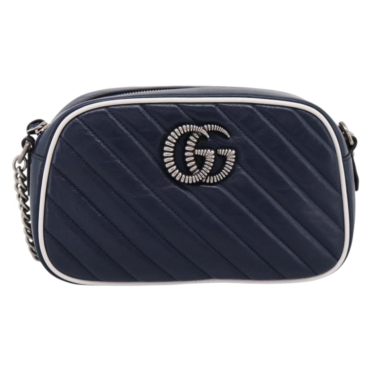 GUCCI GG Marmont Chain Shoulder Bag Leather Navy Silver 447632 Auth ep16656V
