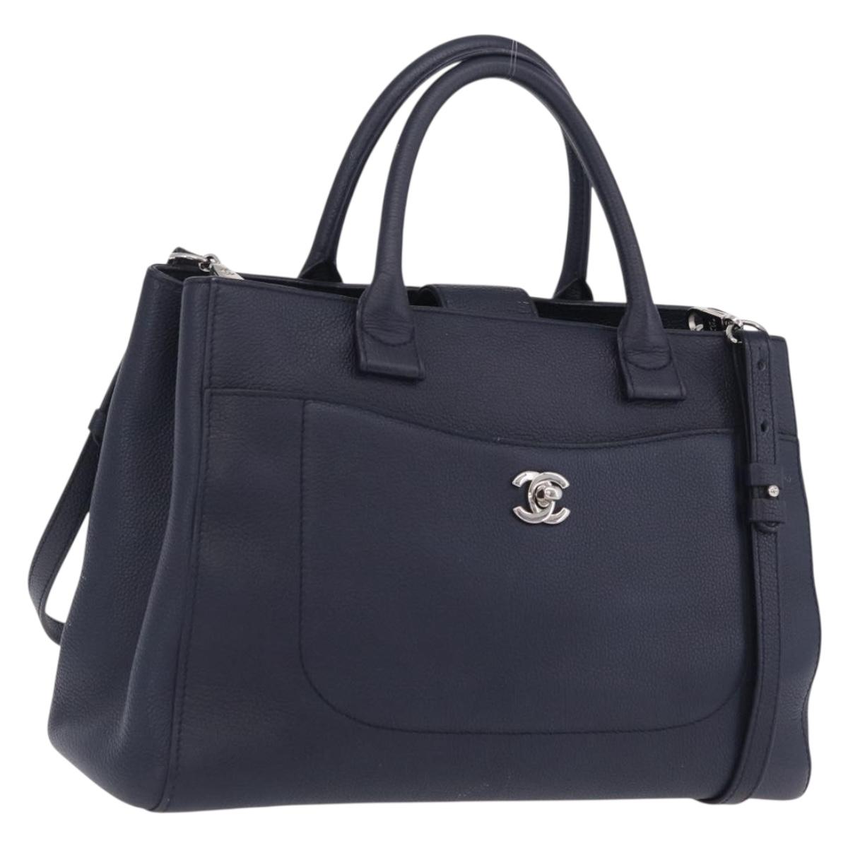 CHANEL Neo Executive Hand Bag Leather 2way Navy Silver CC Auth ep16658SAM