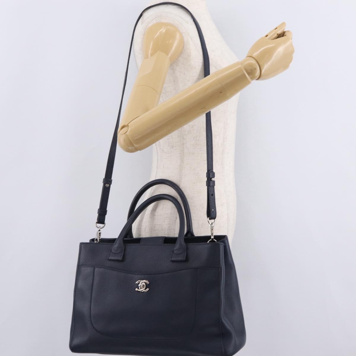 CHANEL Neo Executive Hand Bag Leather 2way Navy Silver CC Auth ep16658SAM