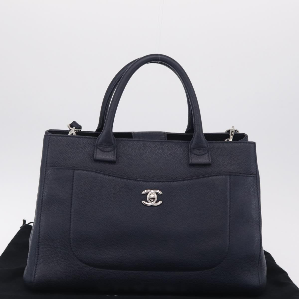 CHANEL Neo Executive Hand Bag Leather 2way Navy Silver CC Auth ep16658SAM