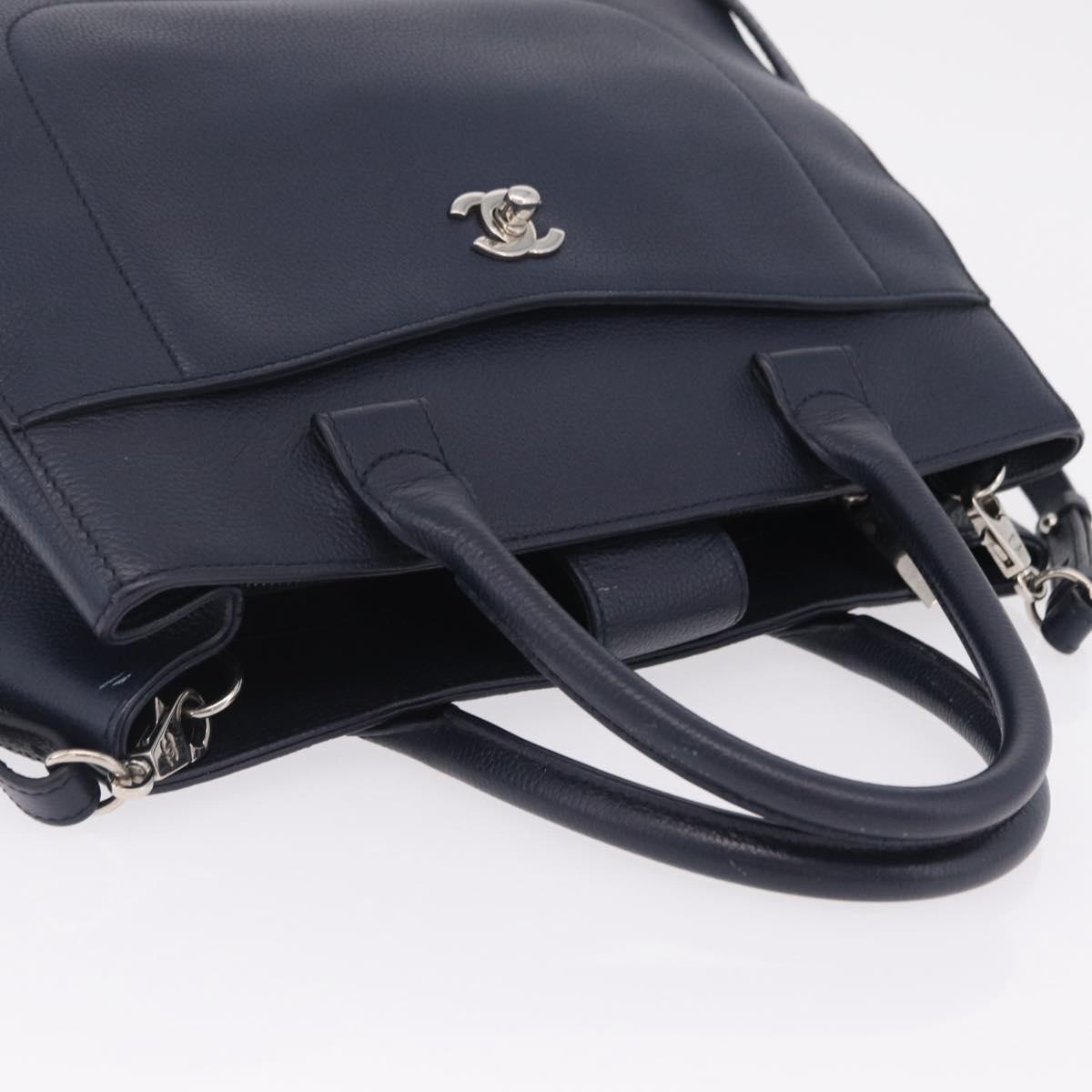 CHANEL Neo Executive Hand Bag Leather 2way Navy Silver CC Auth ep16658SAM