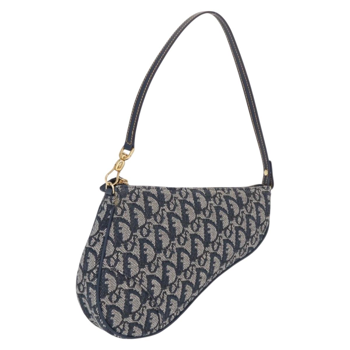 Christian Dior Trotter Canvas Saddle Pouch Navy Gold Tone Auth ep16665V