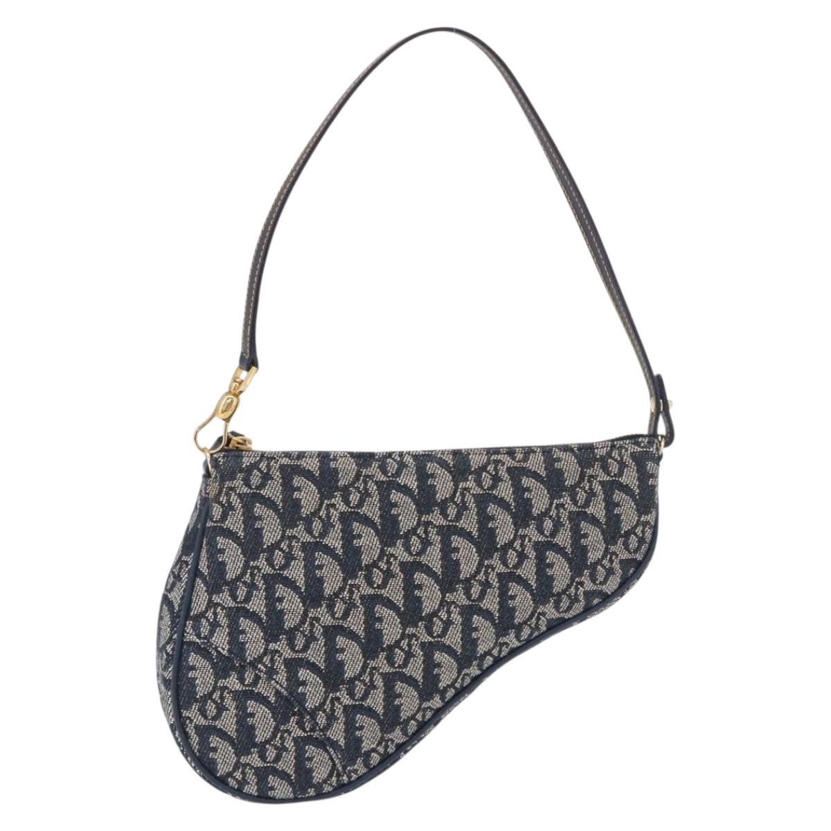 Christian Dior Trotter Canvas Saddle Pouch Navy Gold Tone Auth ep16665V