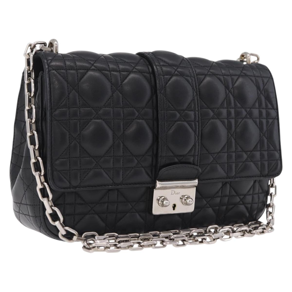 Christian Dior Canage Chain Shoulder Bag Leather Black Silver Auth ep16680M