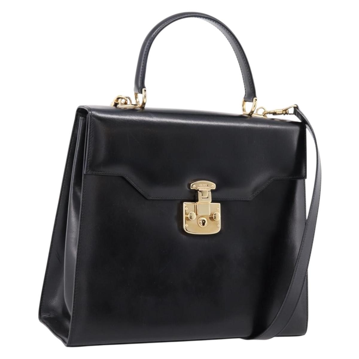 GUCCI Hand Bag Leather 2way Black Gold Tone Auth ep16693A
