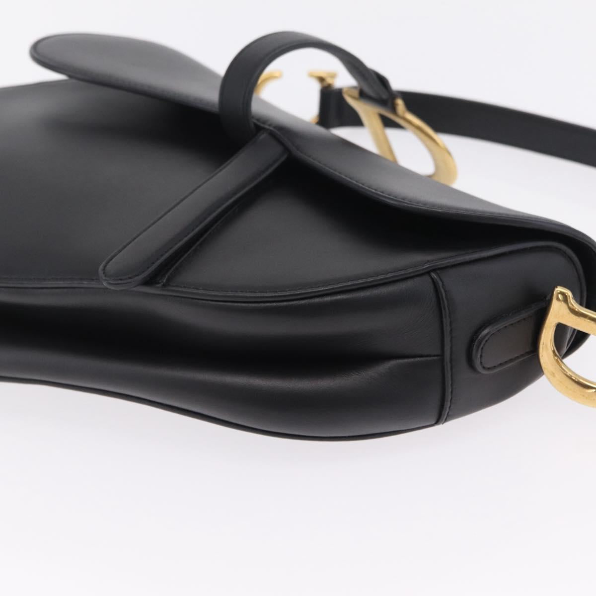 Christian Dior Saddle Shoulder Bag Leather Black Gold Tone Auth ep16697M
