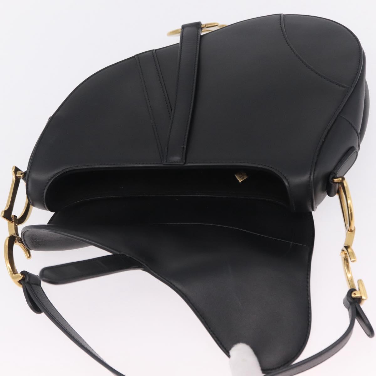 Christian Dior Saddle Shoulder Bag Leather Black Gold Tone Auth ep16697M