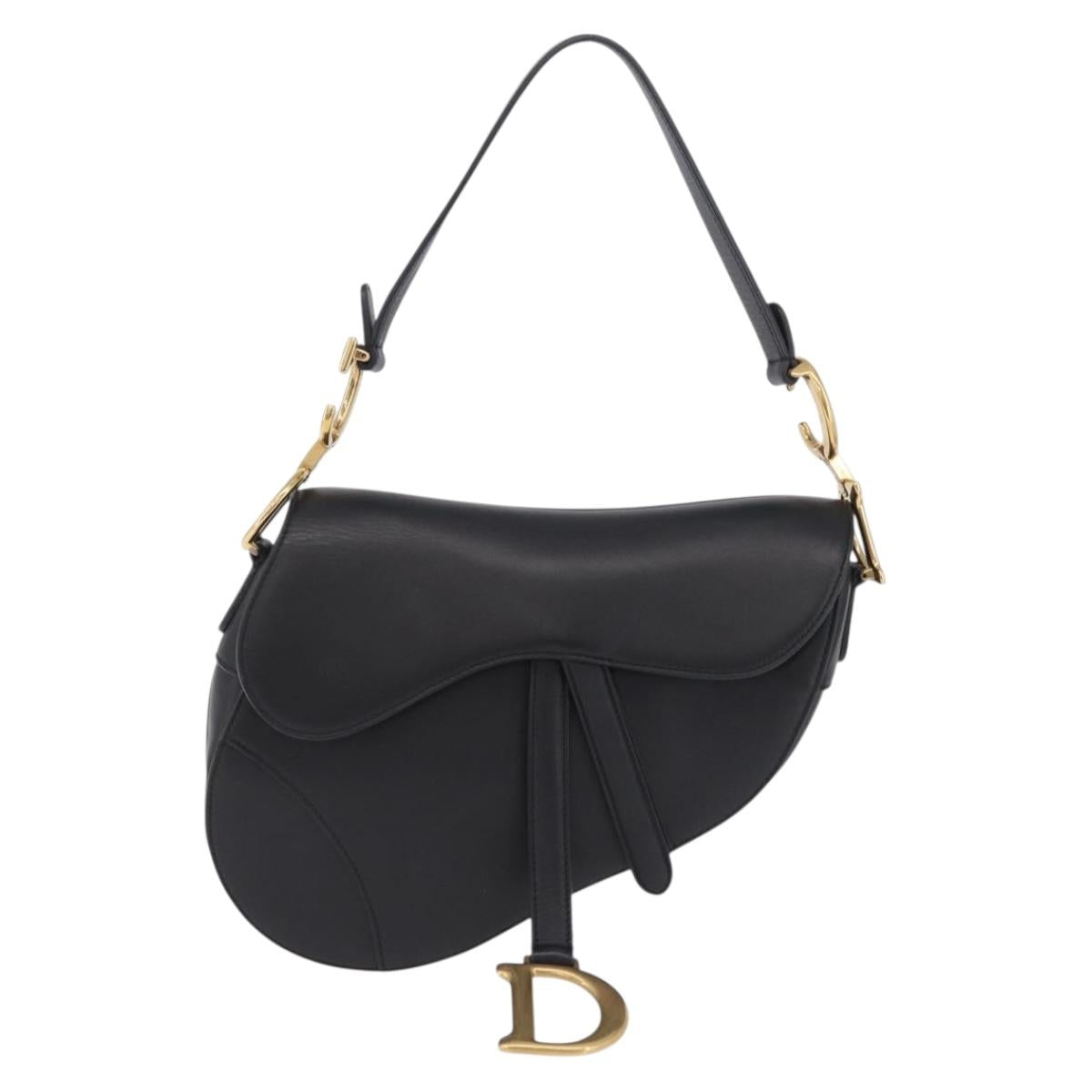 Christian Dior Saddle Shoulder Bag Leather Black Gold Tone Auth ep16697M