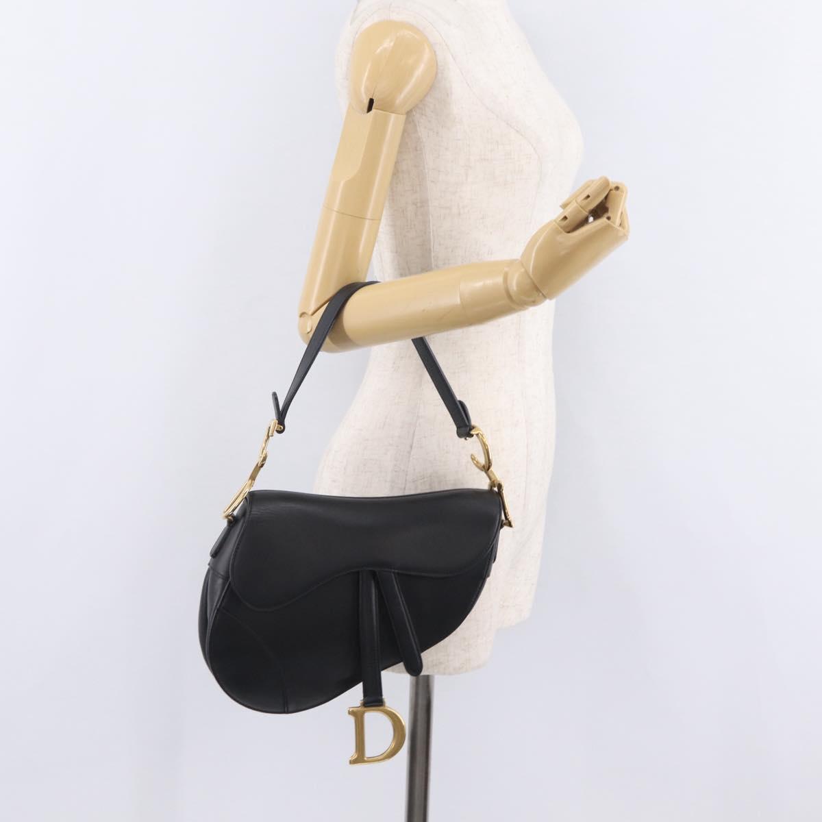 Christian Dior Saddle Shoulder Bag Leather Black Gold Tone Auth ep16697M