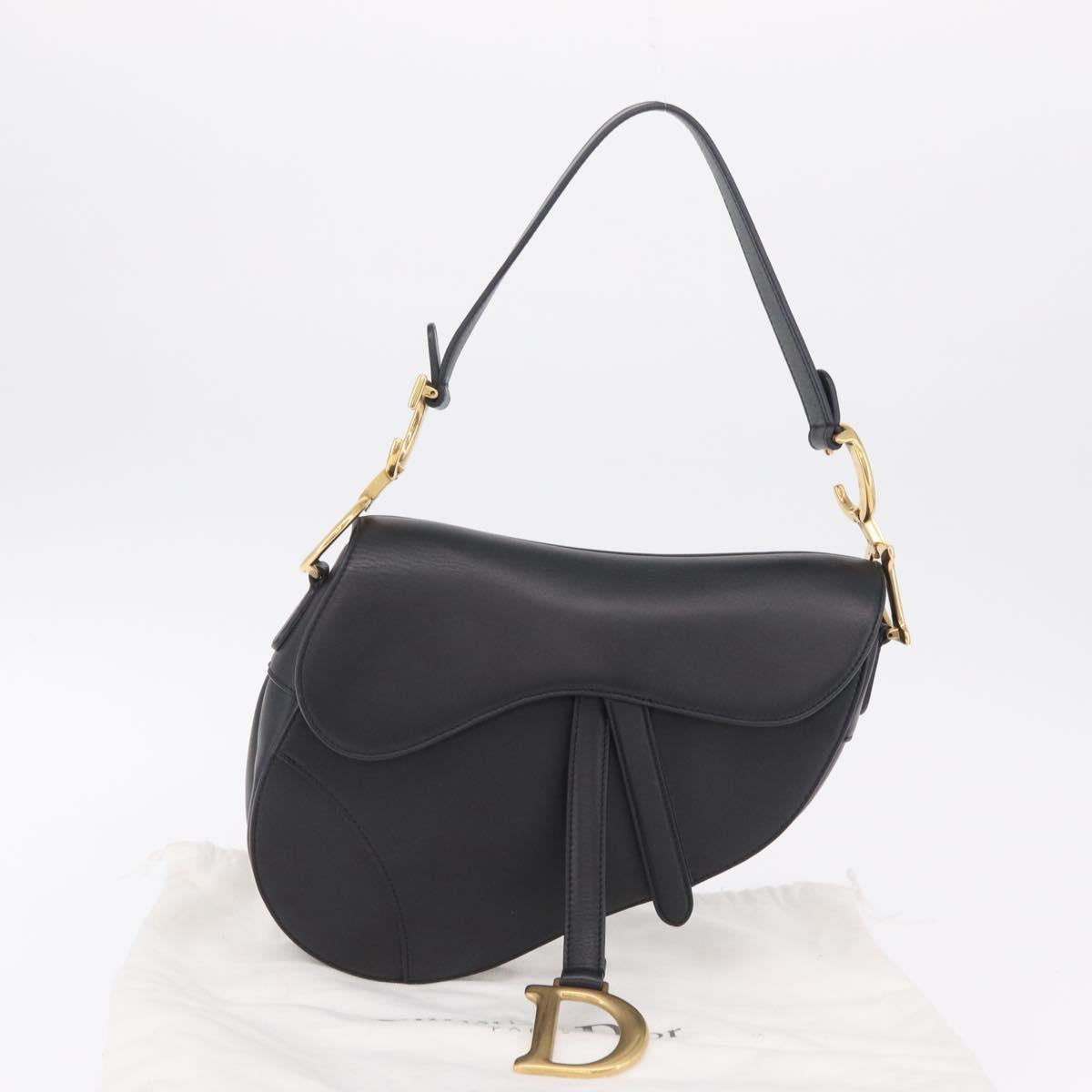 Christian Dior Saddle Shoulder Bag Leather Black Gold Tone Auth ep16697M