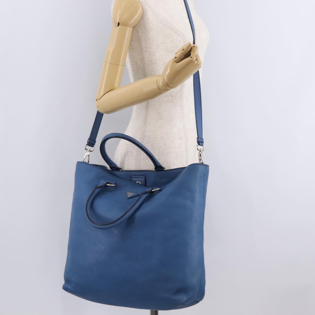 PRADA Tote Bag Leather 2way Blue Silver Auth ep16699V