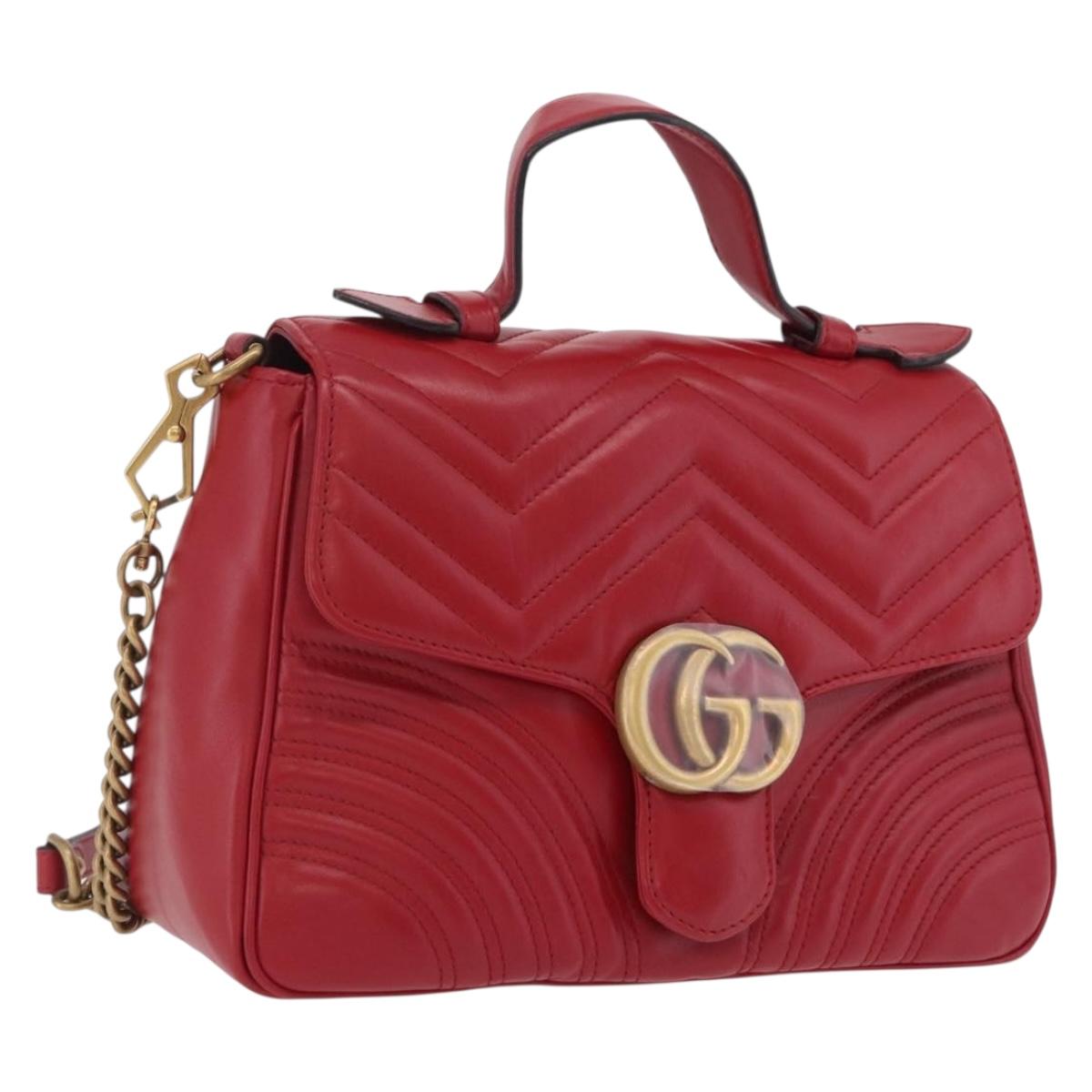 GUCCI GG Marmont Hand Bag Leather 2way Red Gold Tone 498110 Auth ep16711V