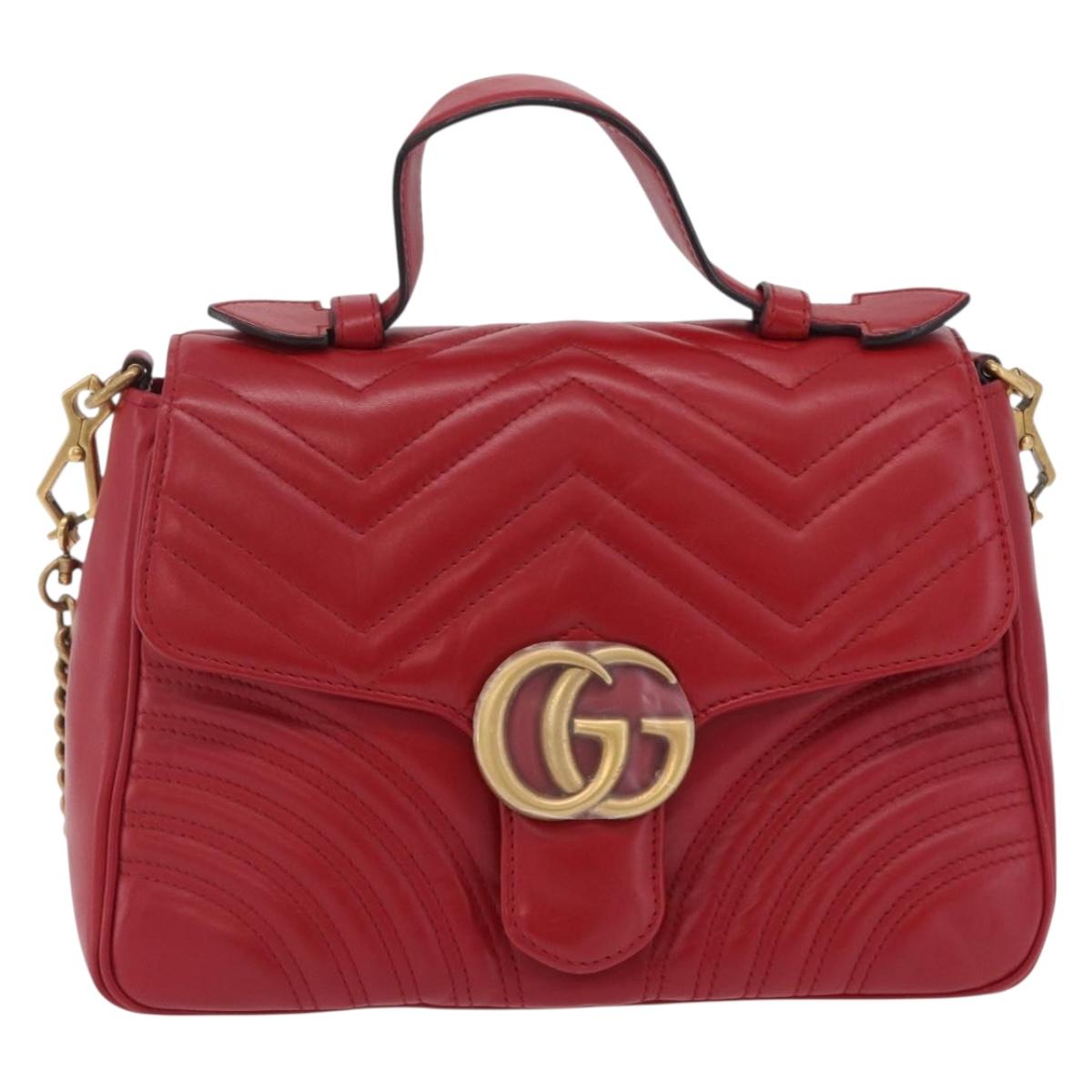 GUCCI GG Marmont Hand Bag Leather 2way Red Gold Tone 498110 Auth ep16711V
