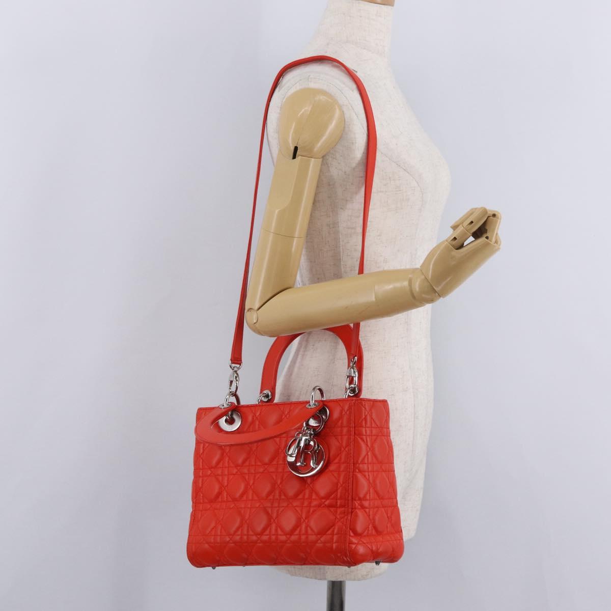 Christian Dior Lady Dior Canage Hand Bag Leather 2way Red Silver Auth ep16721V