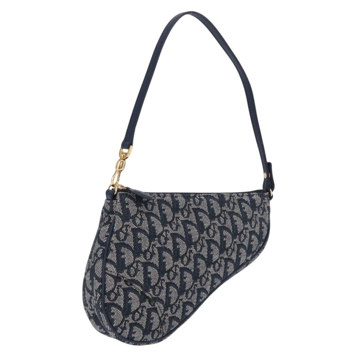 Christian Dior Trotter Canvas Saddle Pouch Navy Gold Tone Auth ep16725V