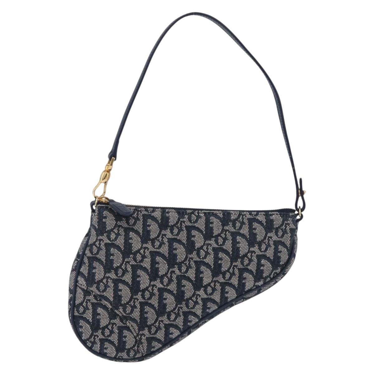 Christian Dior Trotter Canvas Saddle Pouch Navy Gold Tone Auth ep16725V