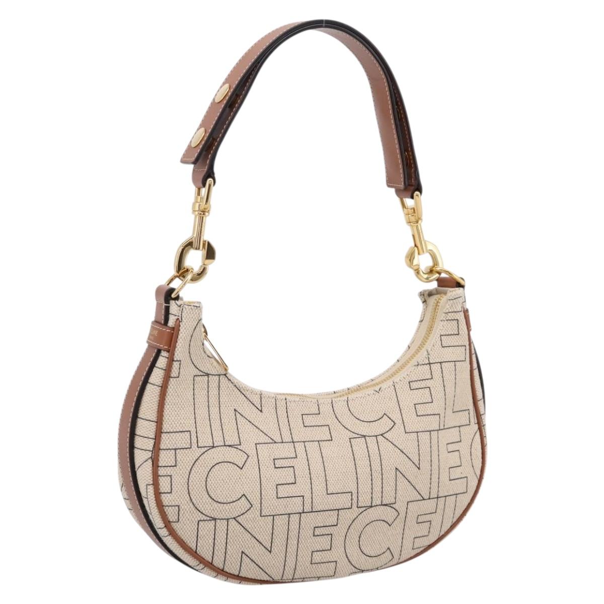 CELINE Medium Ava Shoulder Bag Canvas Beige Gold Tone Auth ep16729M