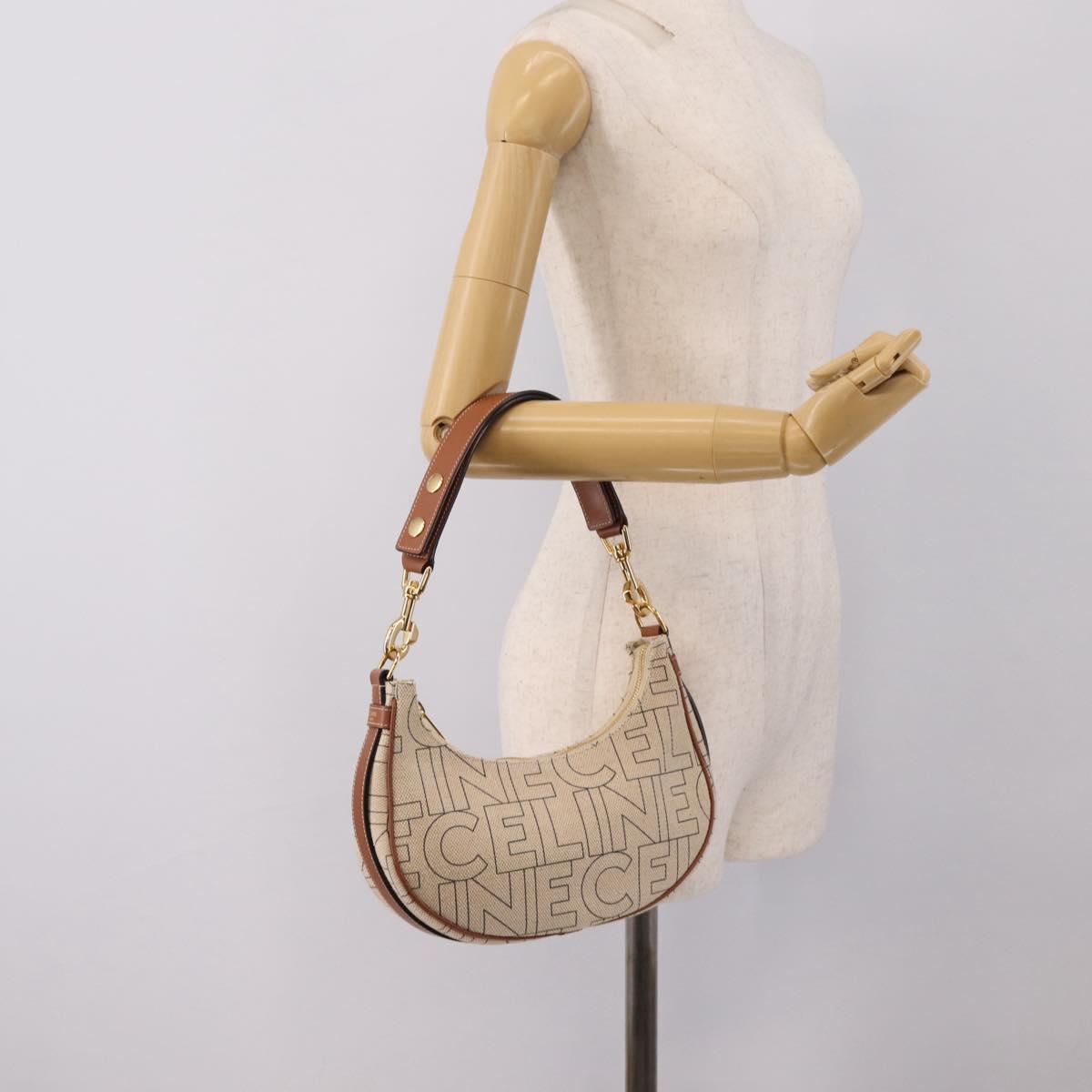 CELINE Medium Ava Shoulder Bag Canvas Beige Gold Tone Auth ep16729M