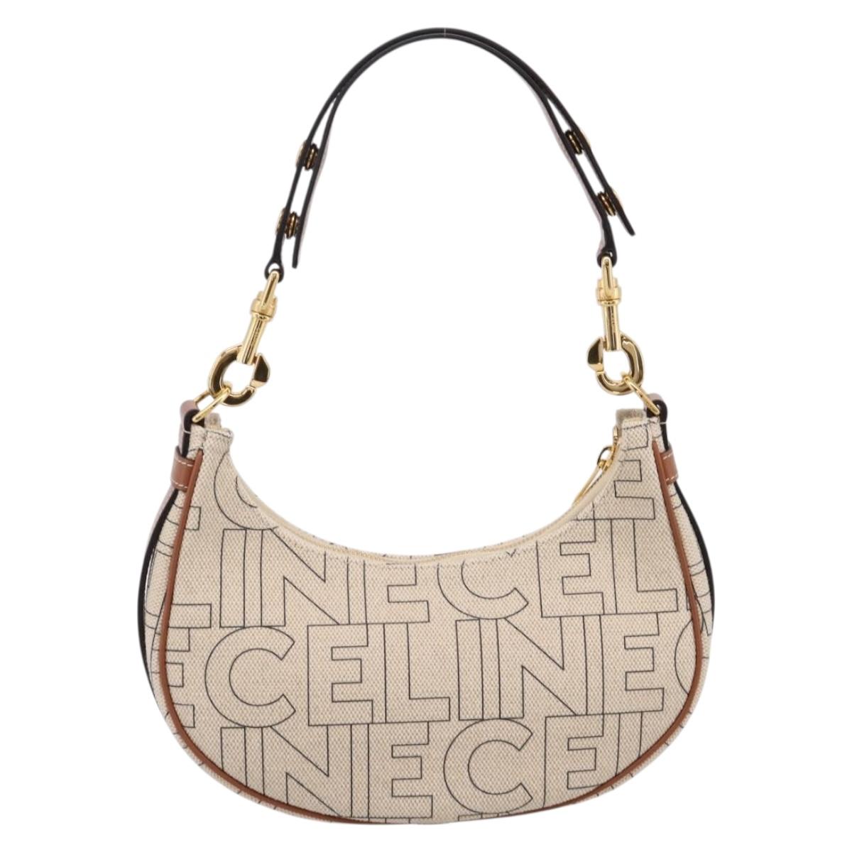 CELINE Medium Ava Shoulder Bag Canvas Beige Gold Tone Auth ep16729M