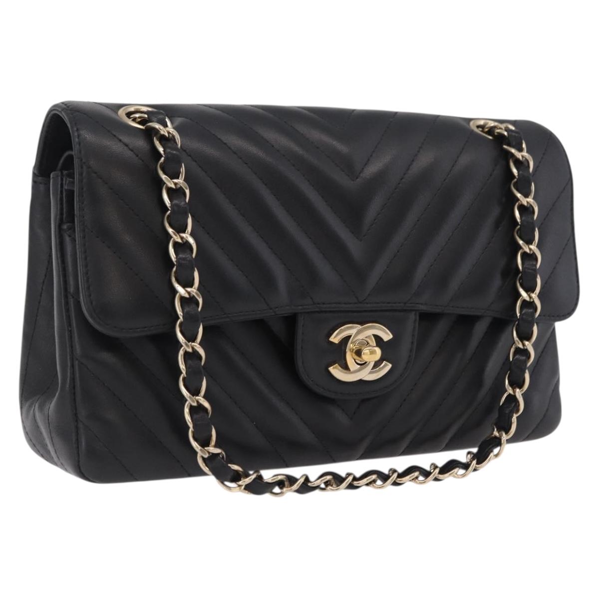 CHANEL V-stitch Double Flap Chain Shoulder Bag Lamb Skin Black CC ep16740SAM