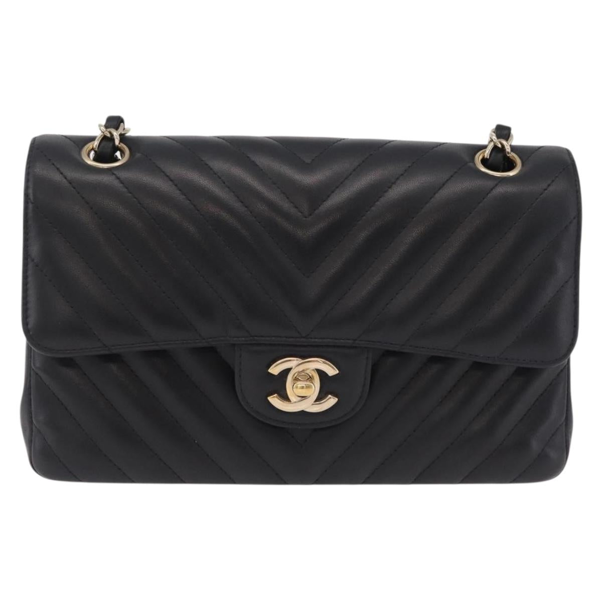 CHANEL V-stitch Double Flap Chain Shoulder Bag Lamb Skin Black CC ep16740SAM