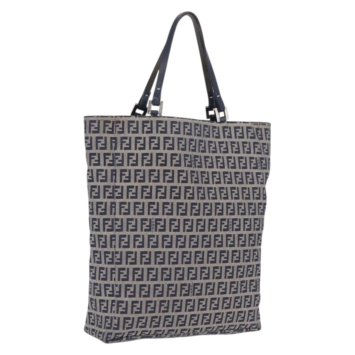 FENDI Zucchino Canvas Hand Bag Navy Silver Auth ep16741