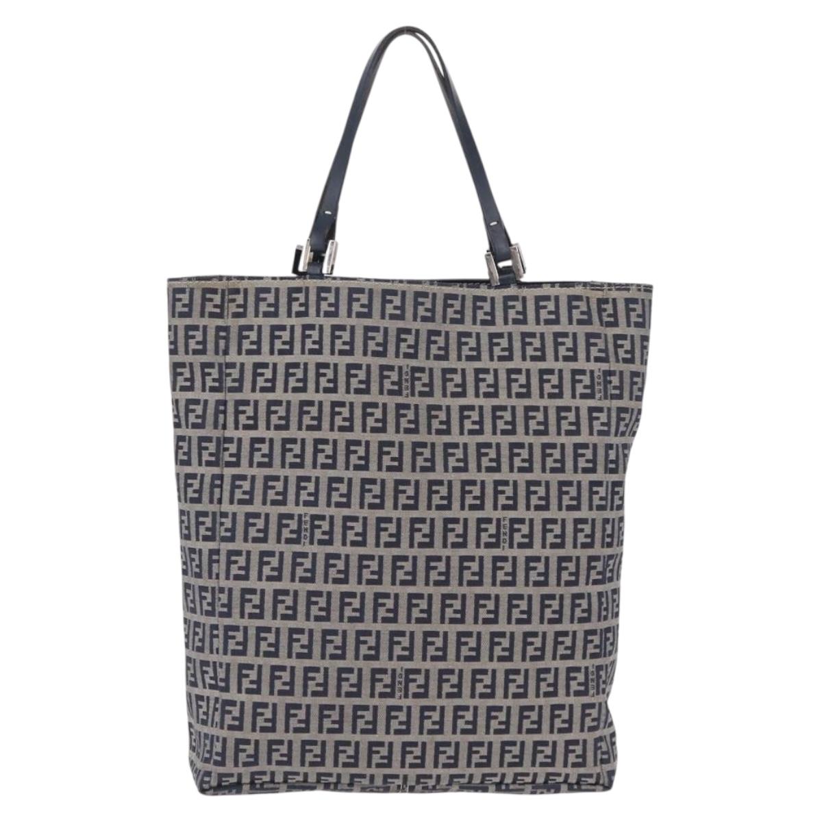 FENDI Zucchino Canvas Hand Bag Navy Silver Auth ep16741