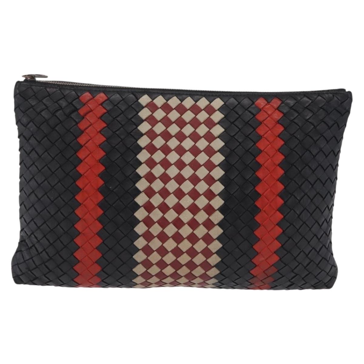 Bottega Veneta INTRECCIATO Clutch Bag Leather Black Red Auth ep16743