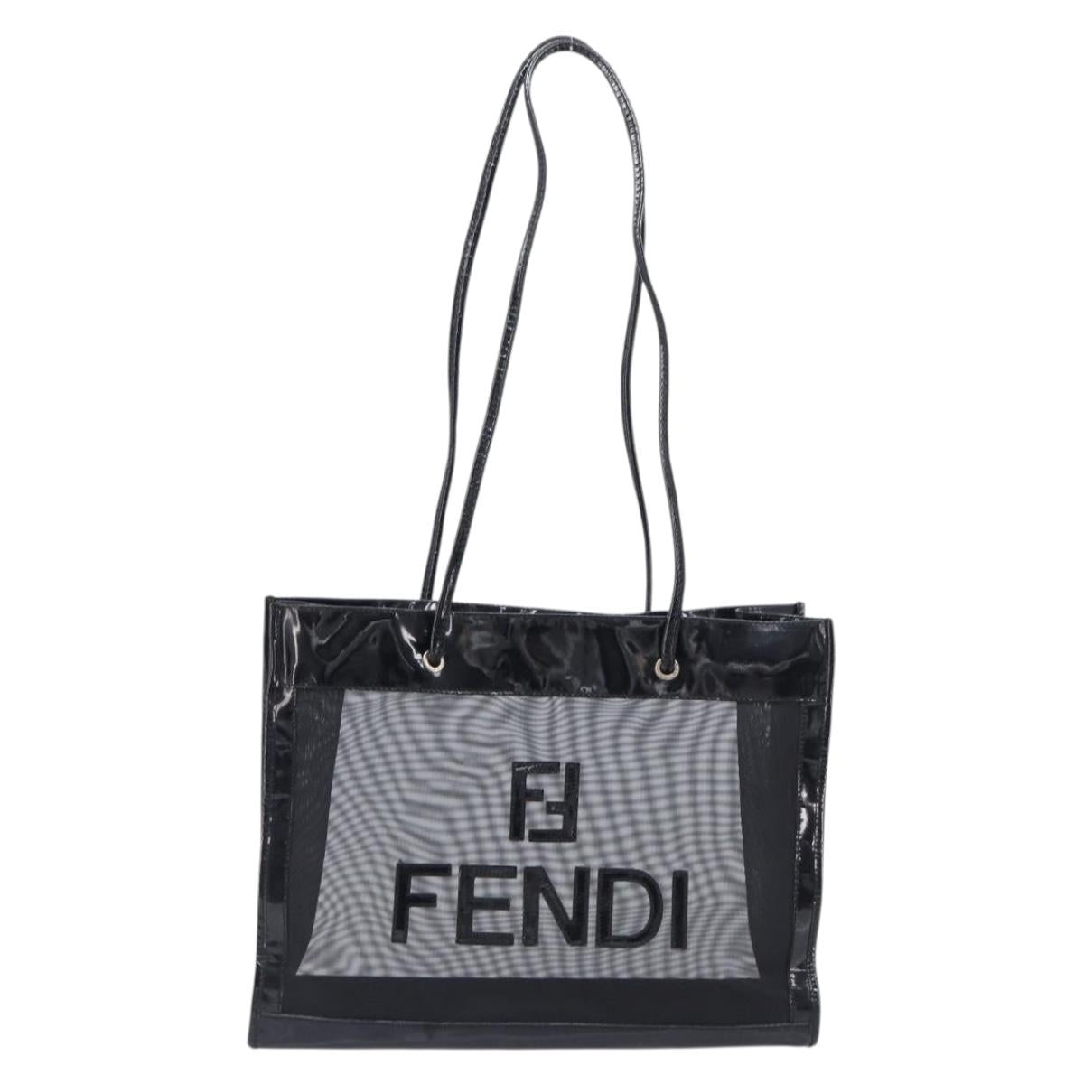 FENDI Tote Bag Patent Mesh Black Silver Auth ep16745
