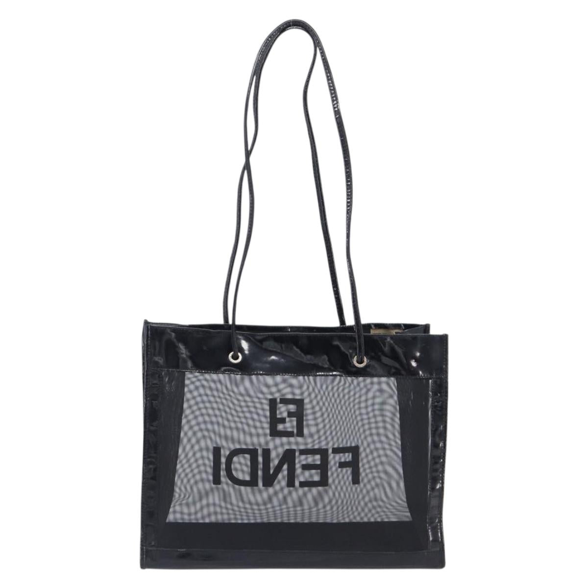 FENDI Tote Bag Patent Mesh Black Silver Auth ep16745
