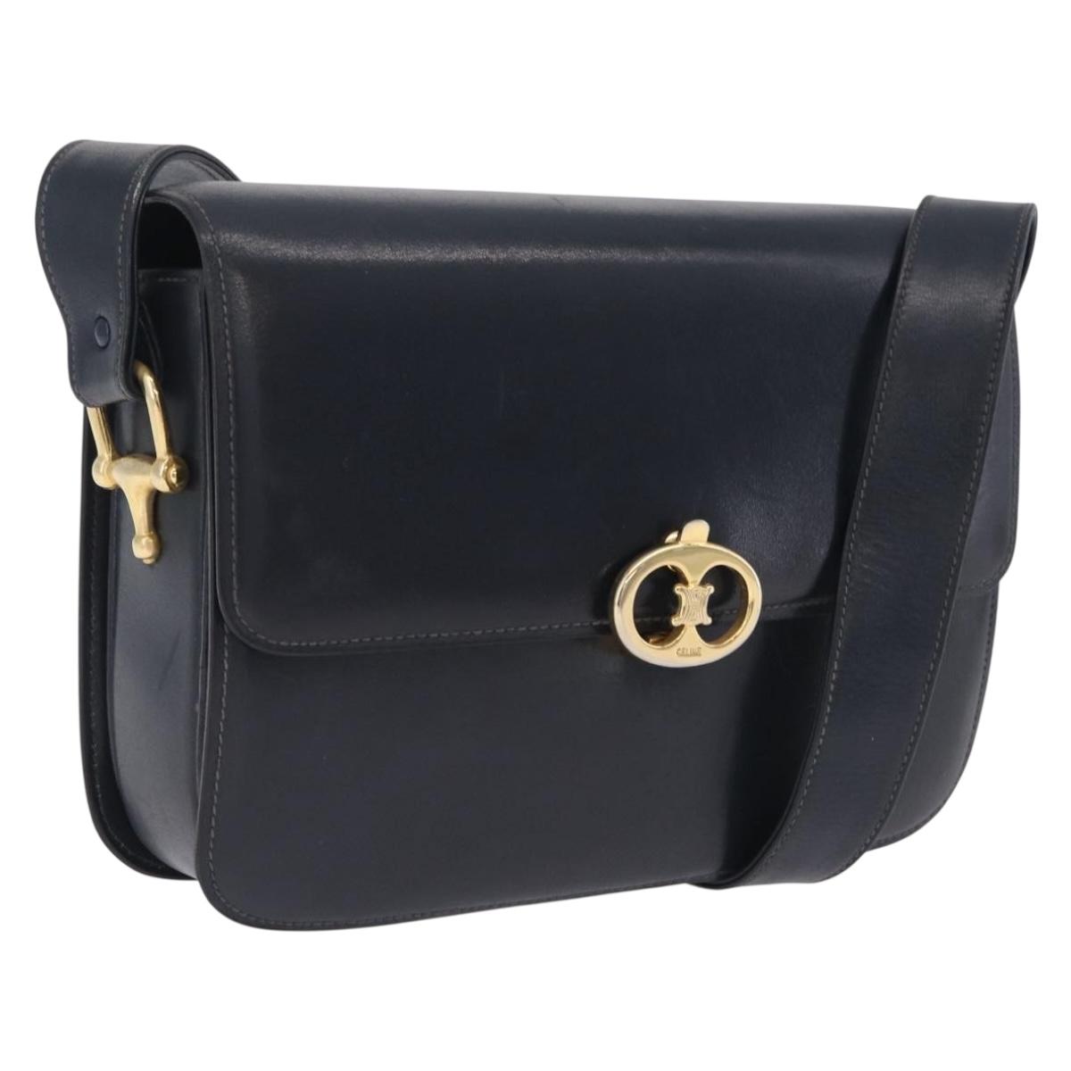 CELINE Shoulder Bag Leather Navy Gold Tone Auth ep16758