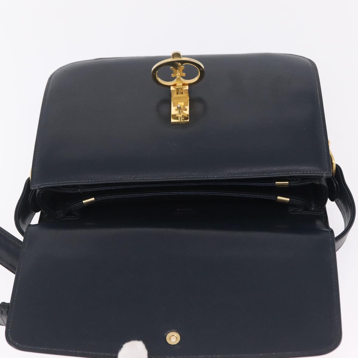 CELINE Shoulder Bag Leather Navy Gold Tone Auth ep16758