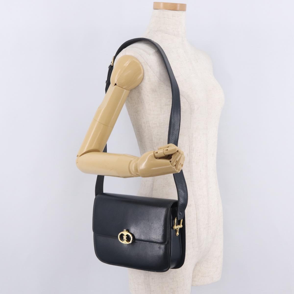 CELINE Shoulder Bag Leather Navy Gold Tone Auth ep16758