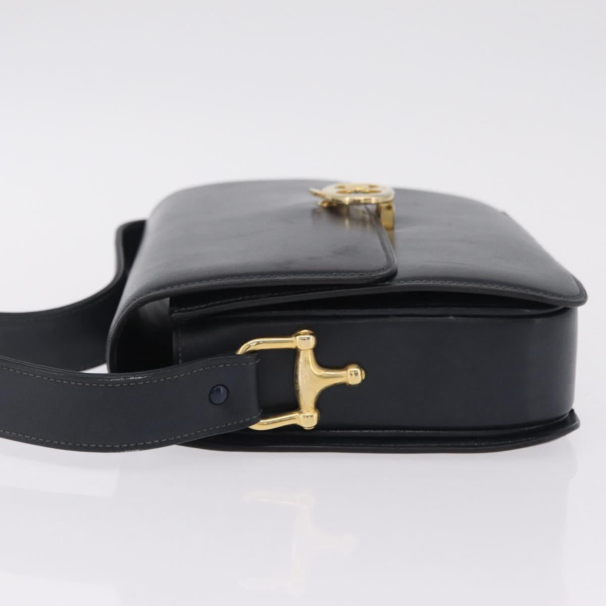CELINE Shoulder Bag Leather Navy Gold Tone Auth ep16758