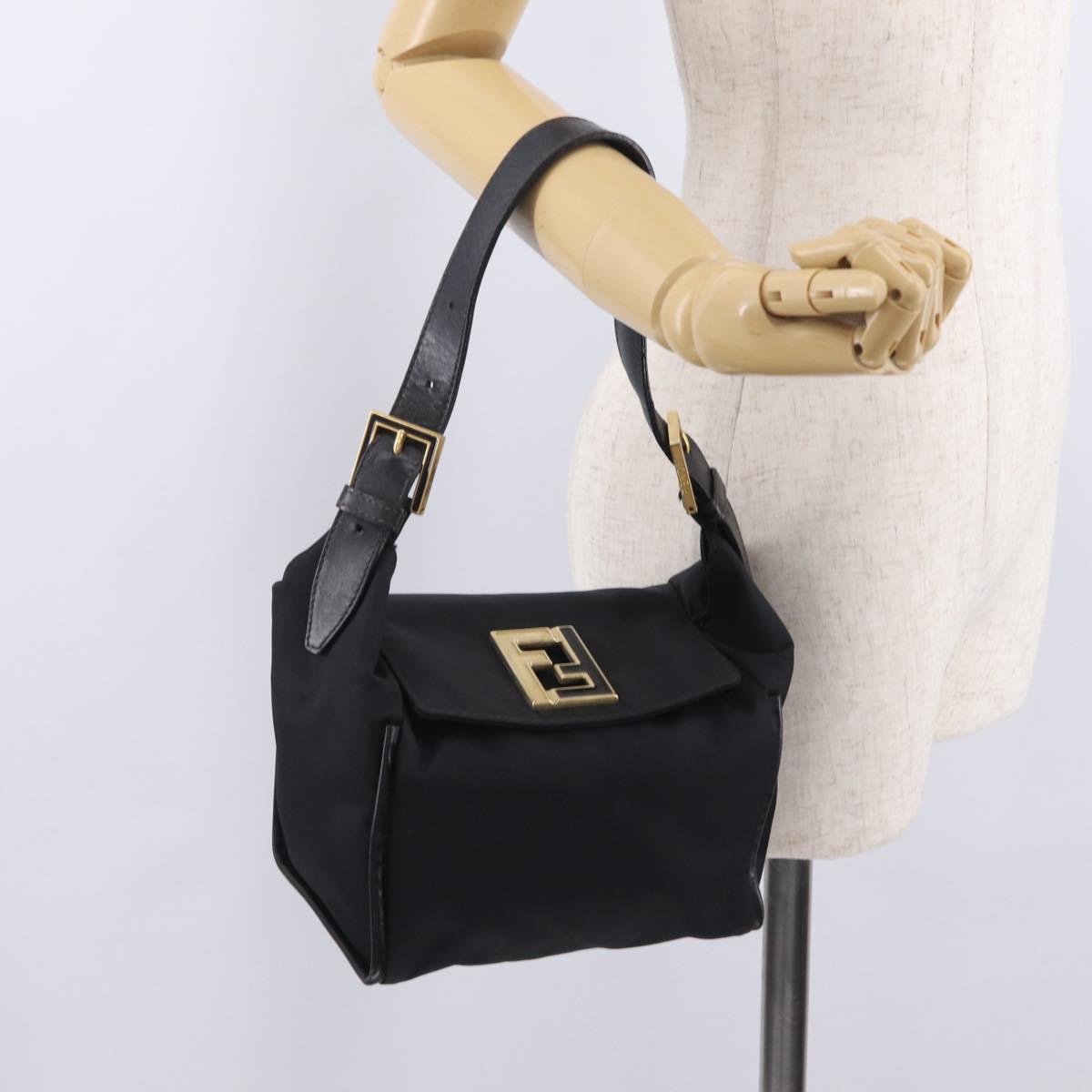 FENDI Hand Bag Nylon Black Gold Tone Auth ep16768