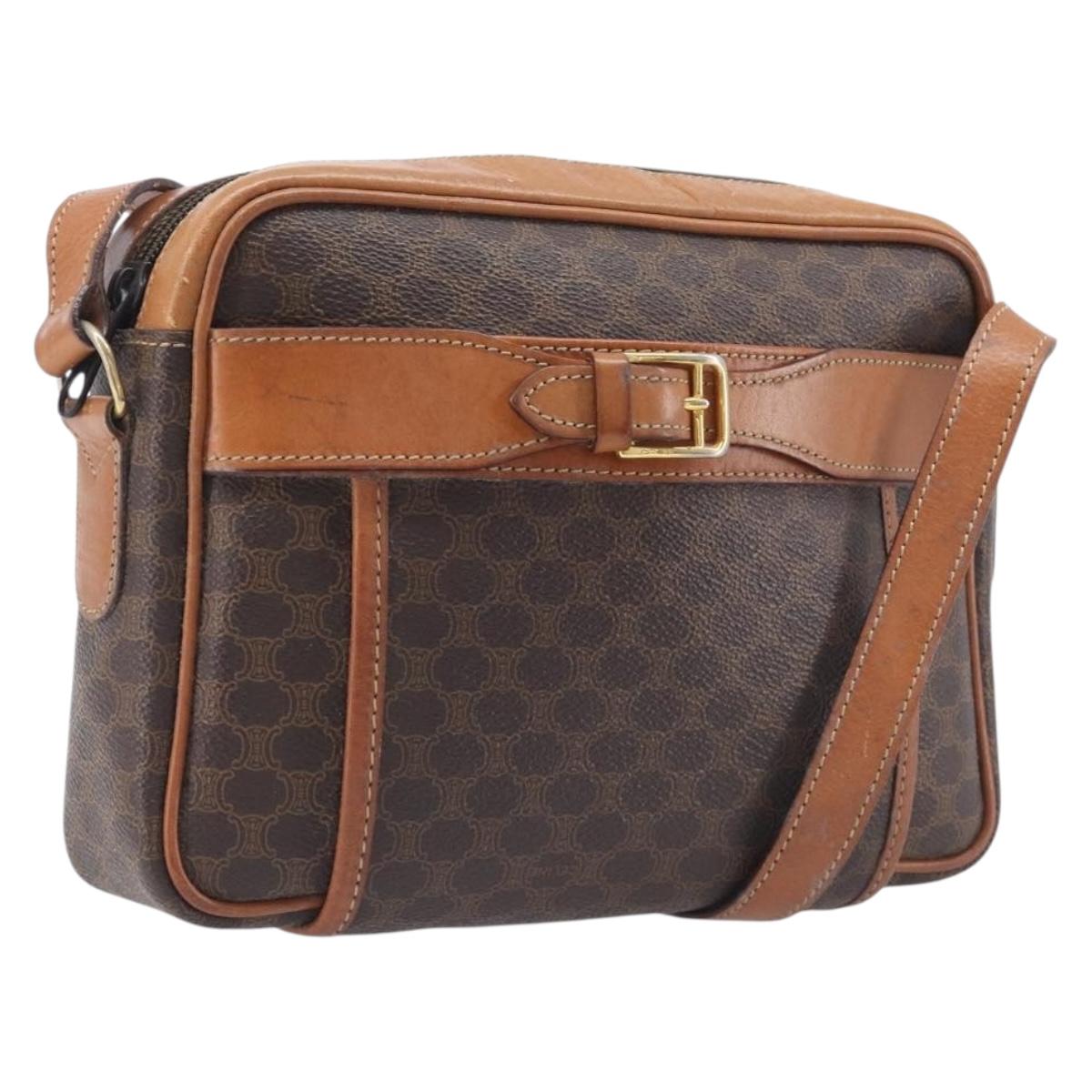 CELINE Macadam Canvas Shoulder Bag PVC Leather Brown Gold Auth ep16781