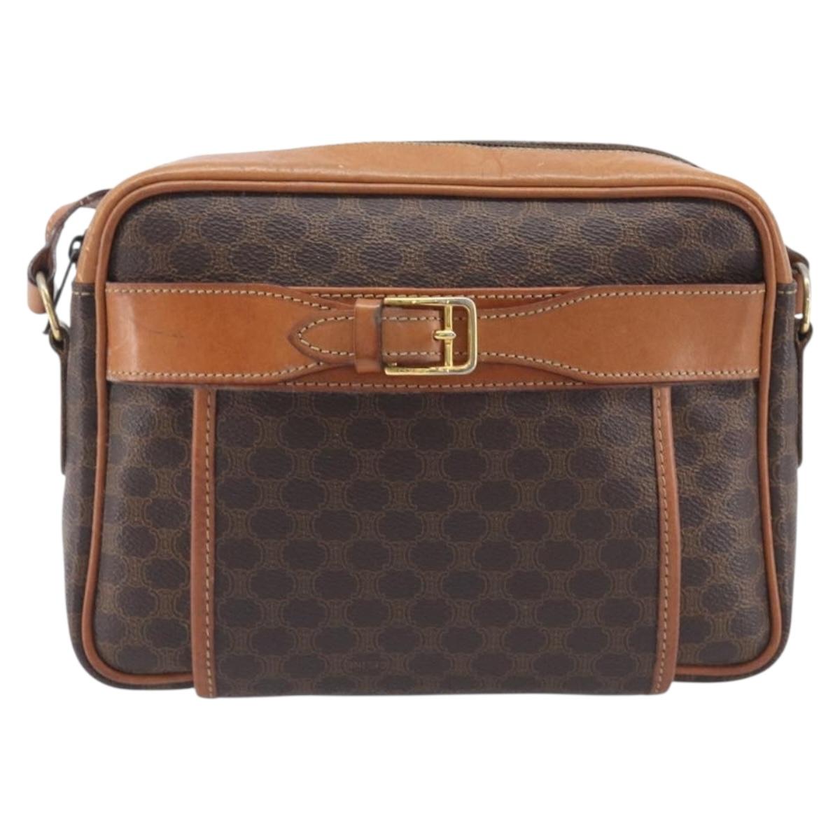 CELINE Macadam Canvas Shoulder Bag PVC Leather Brown Gold Auth ep16781