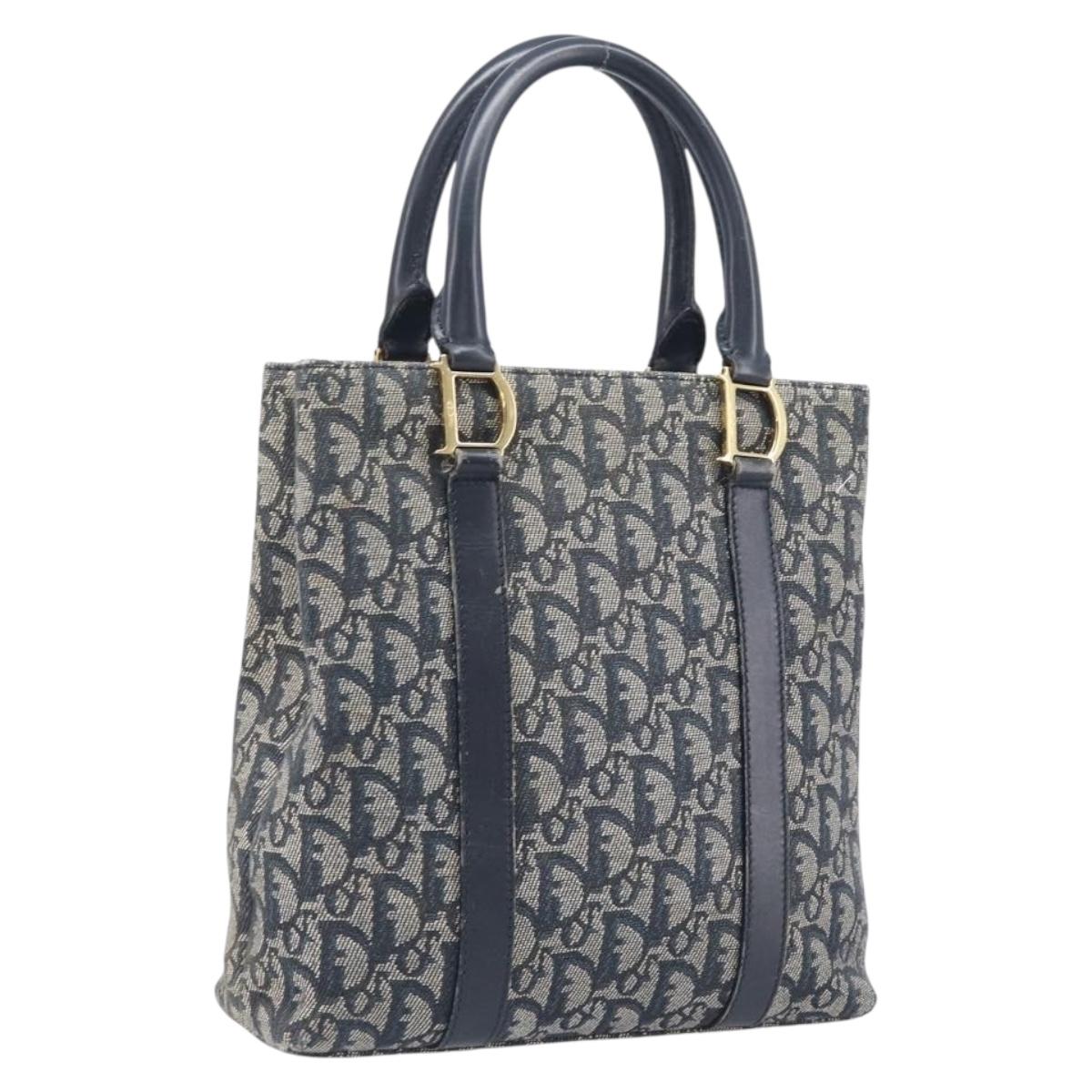 Christian Dior Trotter Canvas Hand Bag Navy Gold Tone Auth ep16785